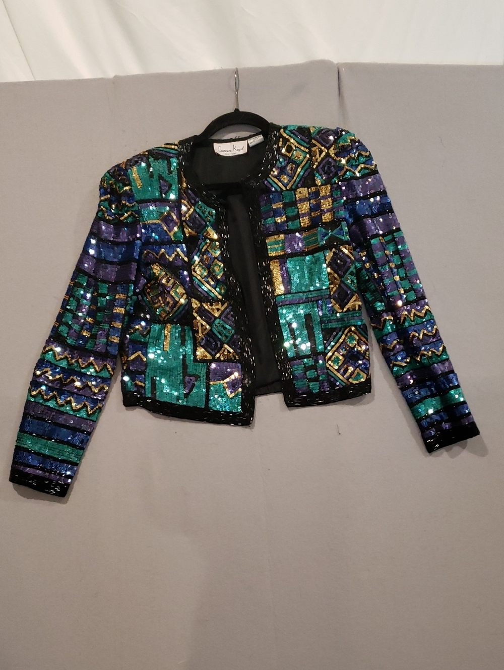 Laurence Kazar Teal Green Purple Black Sequin Cropped Blazer